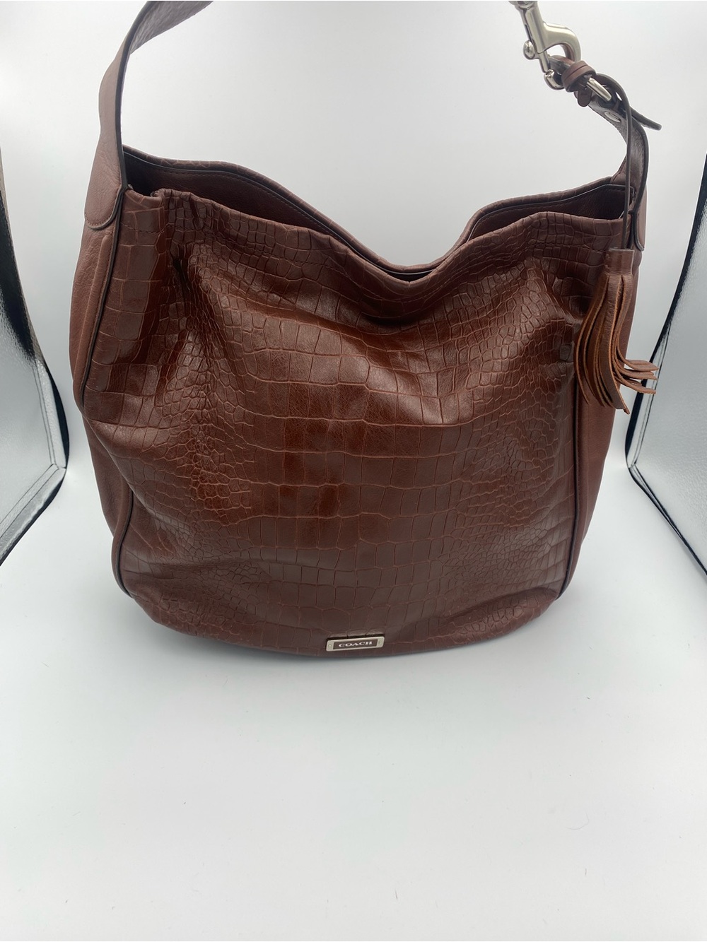 Coach Brown Croc-Embossed Leather Shoulder Bag with Tassel